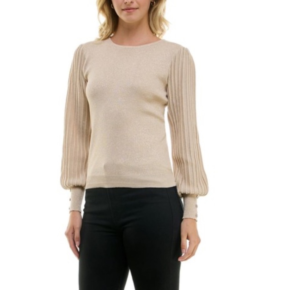 Nanette Lepore Metallic Champagne Gold Lurex Knit Puff Balloon Sleeve Sweater M